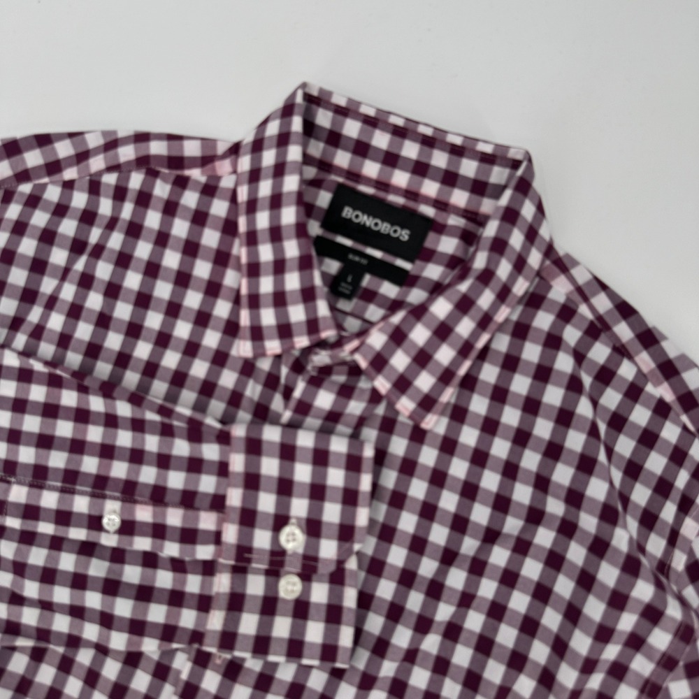 Bonobos Mens Slim Fit Tech Gingham Button Down Shirt Burgundy White Large L